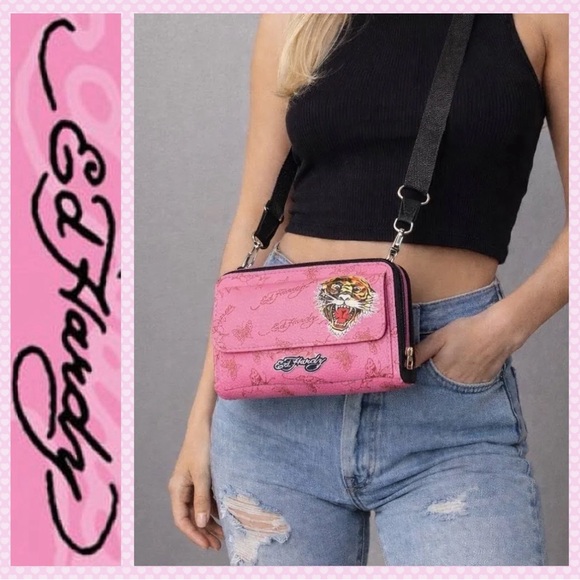 Ed Hardy Pink Crossbody Wallet w Tiger Motif Bubblegum Barbie Pink - Picture 9 of 9